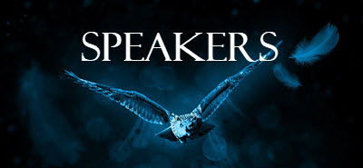 Image of an owl in flight with the word Speakers. Linked to the speaker application process page.